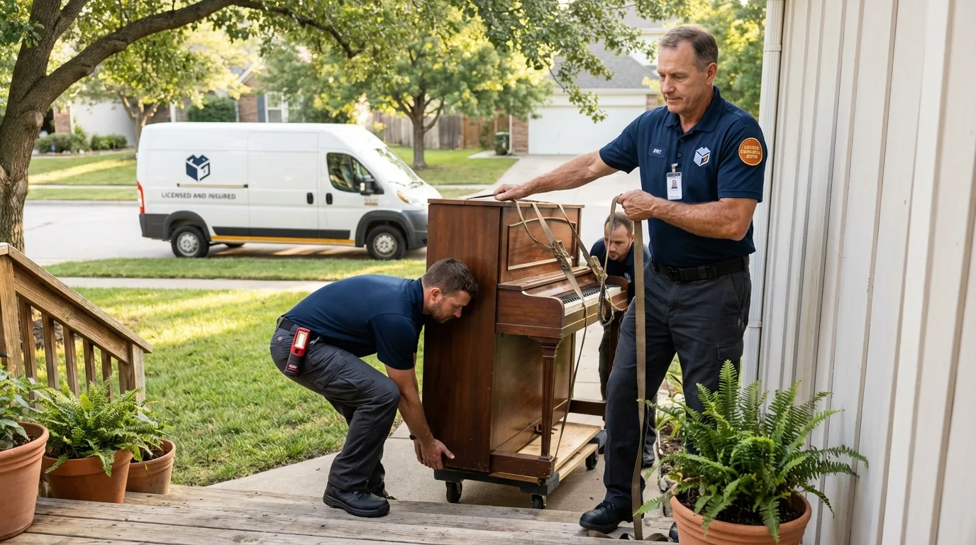 Licensed piano movers securing grand piano in Seaside Park, NJ