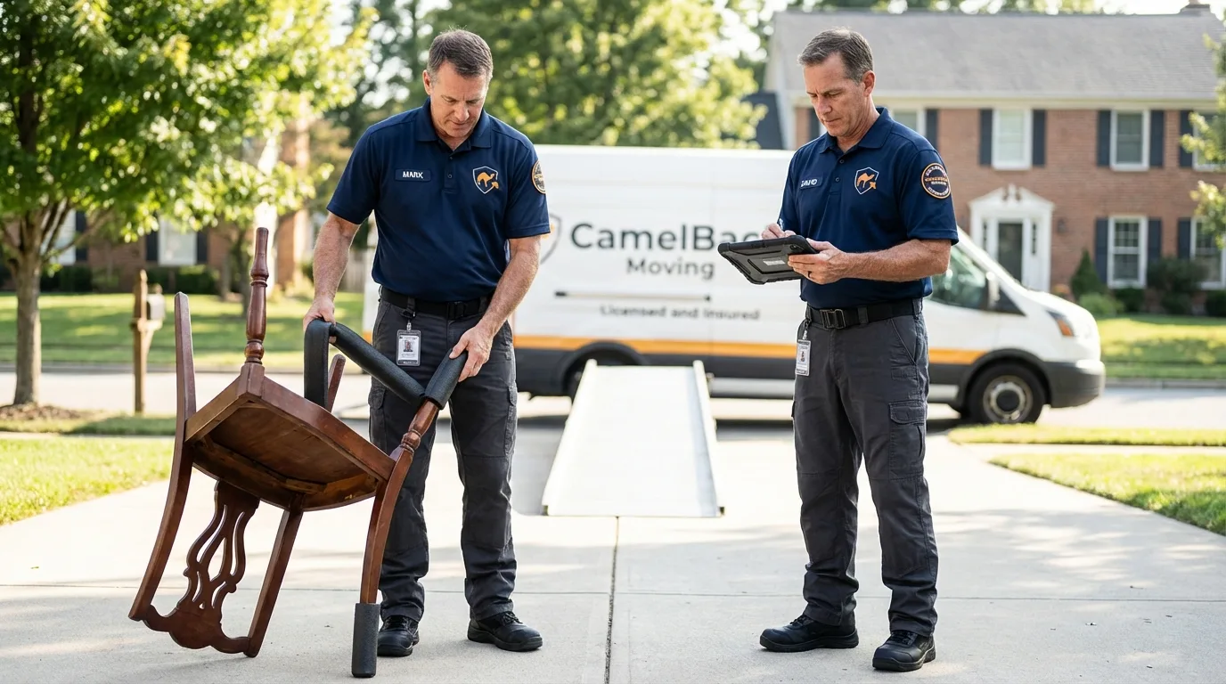 Movers inspecting furniture for damage prevention before loading in Seaside Park, NJ